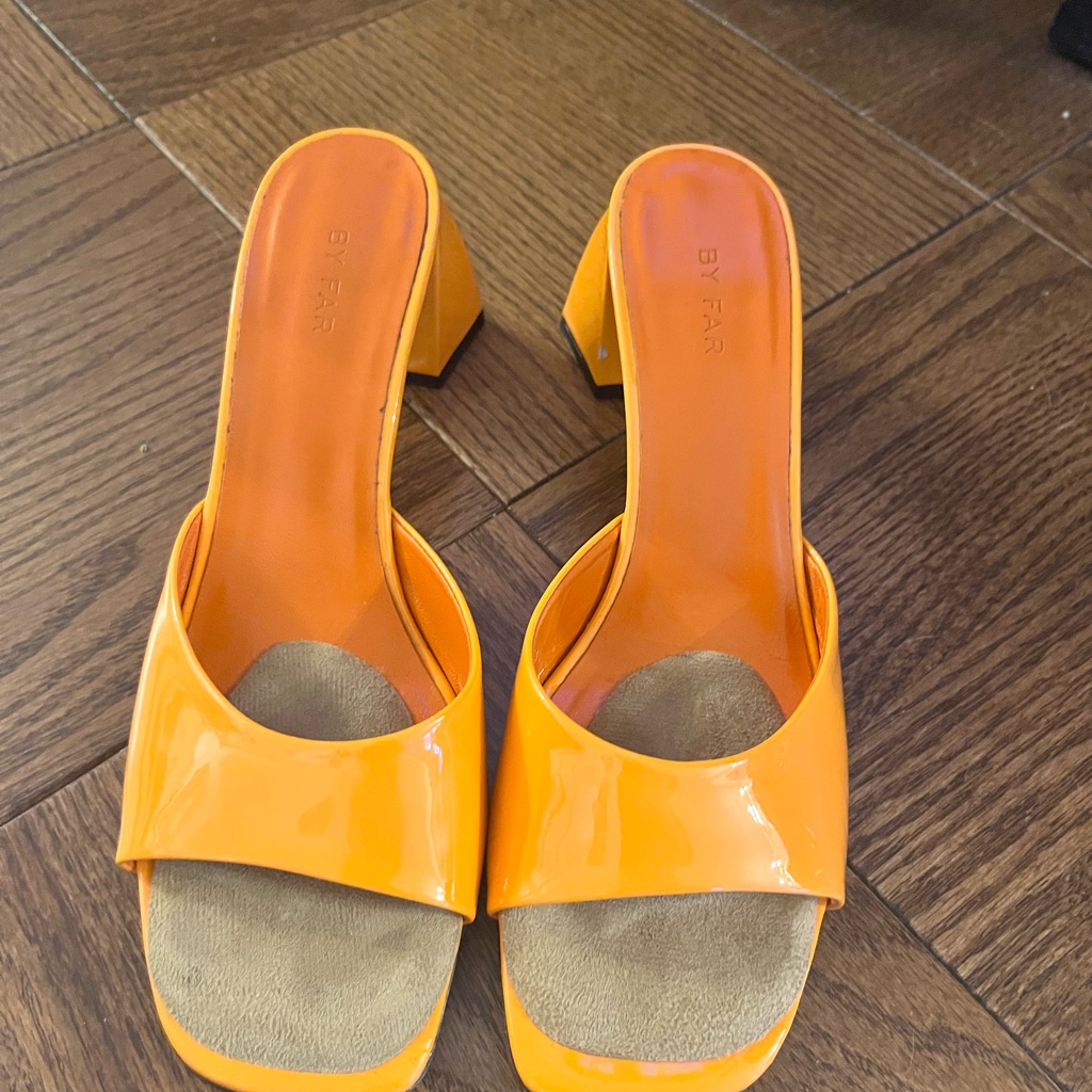 By Far Orange Suede Mules With Block Heel